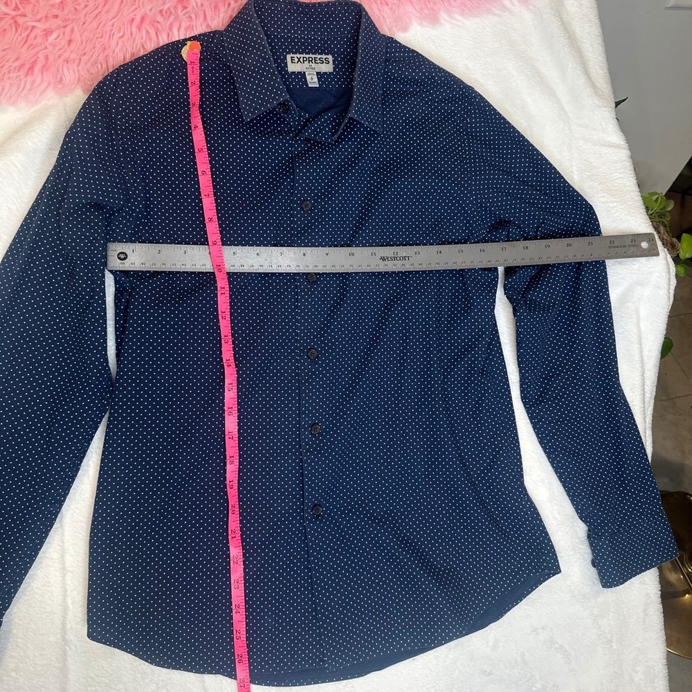 Express Fitted Mens Navy Blue Polka Dot Long Sleeve Button Down Shirt Small S - Picture 3 of 7